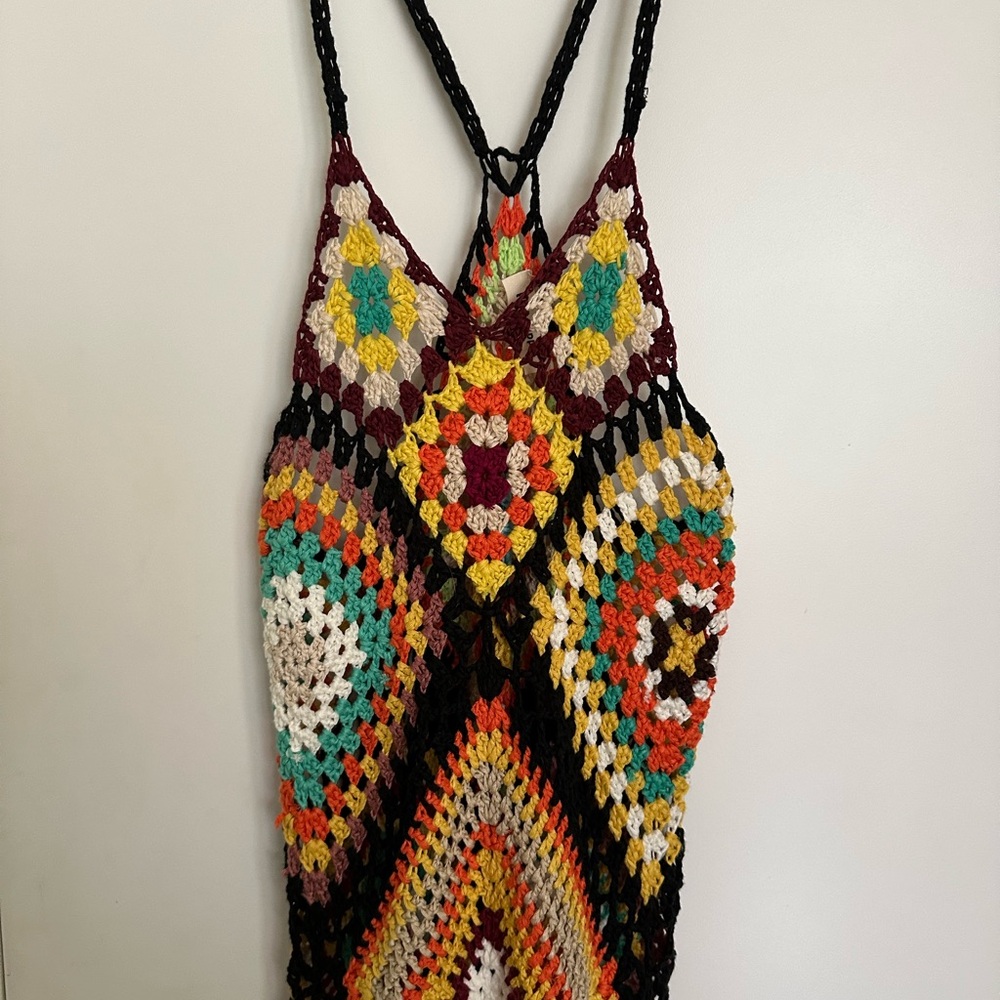 Pink Rose Multicolor Crochet Midi Dress